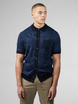 Ben Sherman B by Ben Sherman Swirl Jacquard Button Through Polo Kötöttáru Sötétkék | 801-TCMKNH