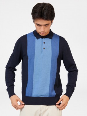 Ben Sherman Block Stripe Merino Garbónyakú Pulóver Sötétkék | 249-BQKRIG