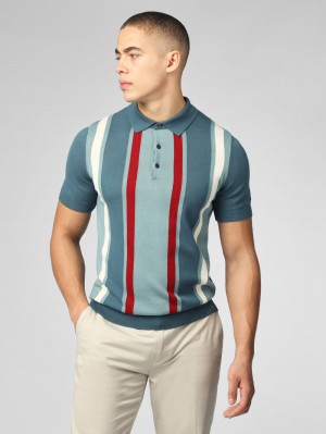 Ben Sherman Signature Vertical Stripe Polo Kötöttáru Türkiz | 017-AHIQXL