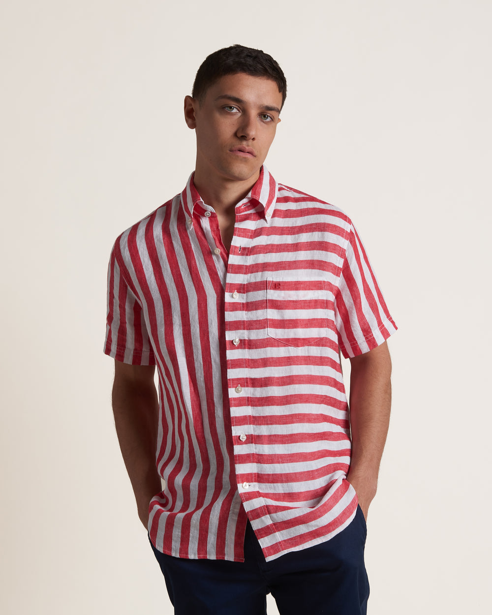 Ben Sherman B by Ben Sherman Candy Stripe Linen Short Sleeve Ingek Rózsaszín Piros | 742-GOVMRC