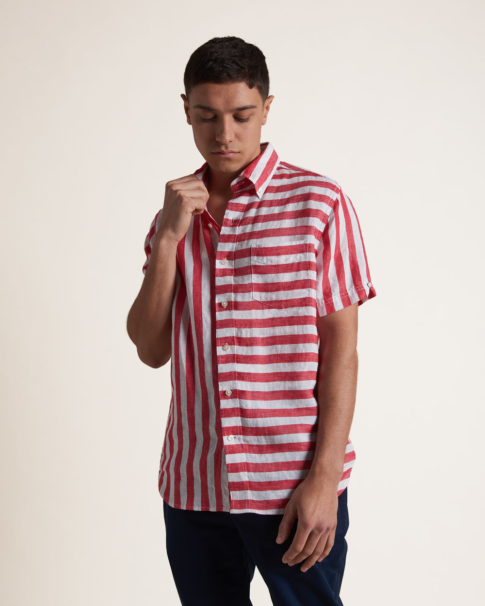 Ben Sherman B by Ben Sherman Candy Stripe Linen Short Sleeve Ingek Rózsaszín Piros | 742-GOVMRC