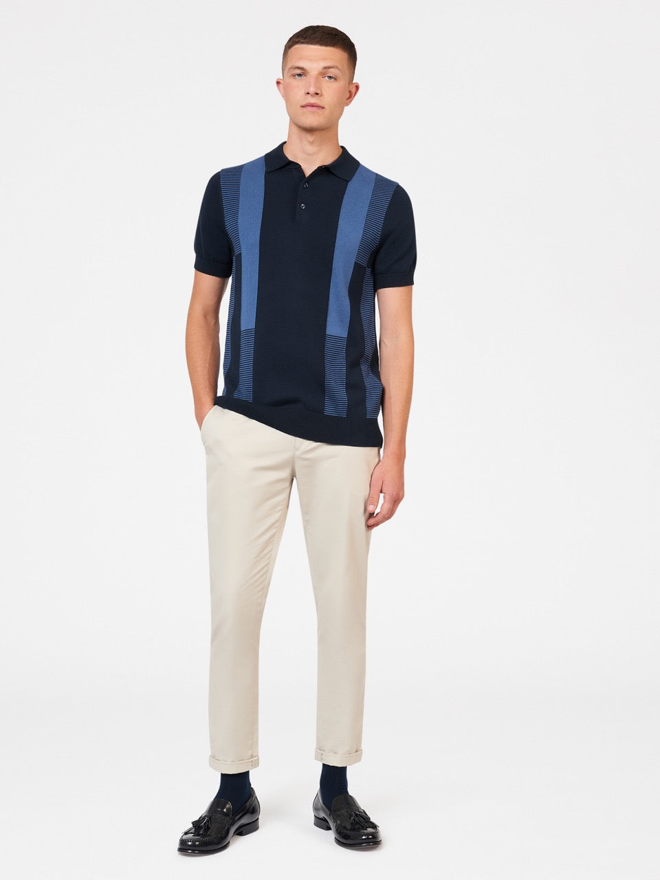 Ben Sherman Intarsia Stripe Garbónyakú Pulóver Sötétkék | 165-CLSBAH