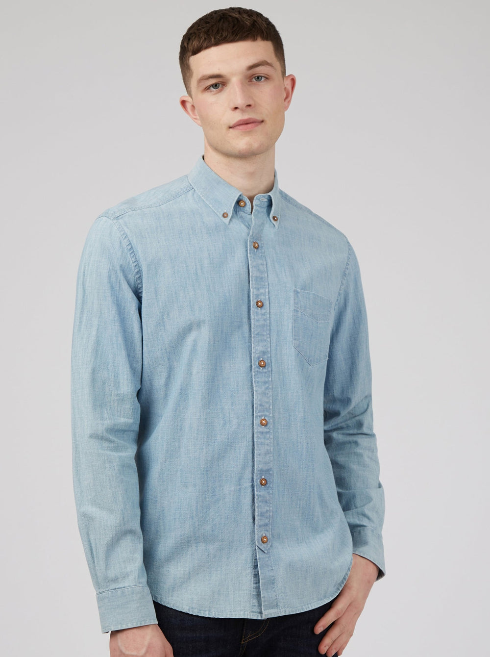 Ben Sherman Long-Sleeve Chambray Ingek Kék Sötétkék | 390-BLDUIN