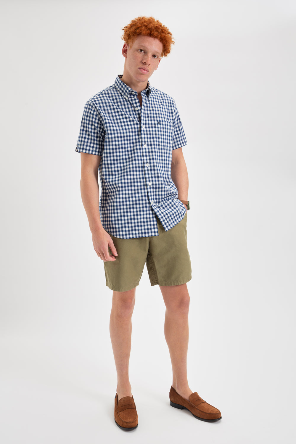 Ben Sherman Short Sleeve House Poplin Gingham Ingek Sötétkék Olivazöld | 256-FYMLUV