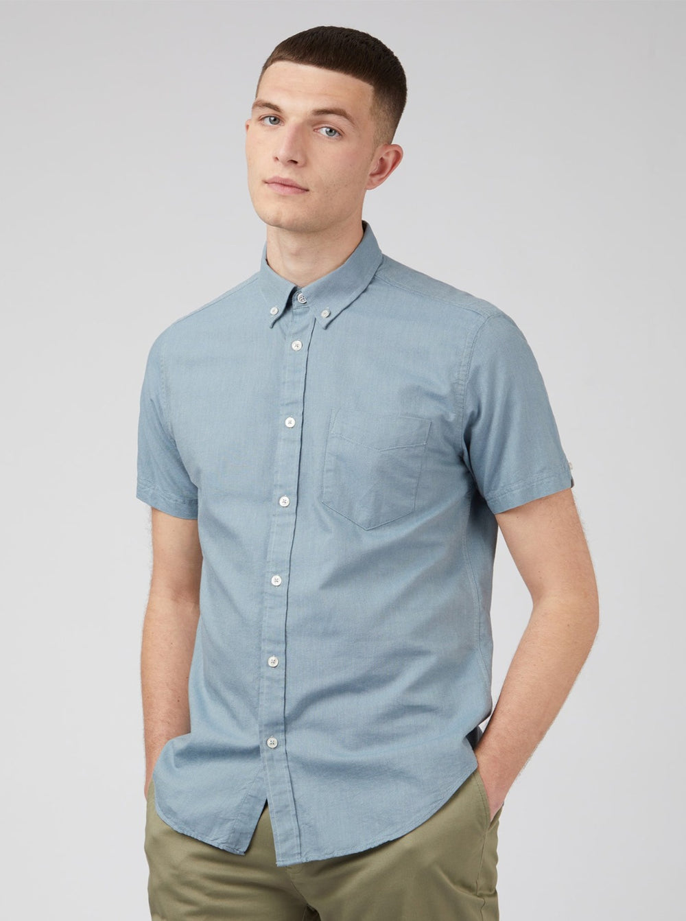 Ben Sherman Signature Organic Short-Sleeve Oxford Shadow Ingek Kék Szürke | 013-WKAMJT