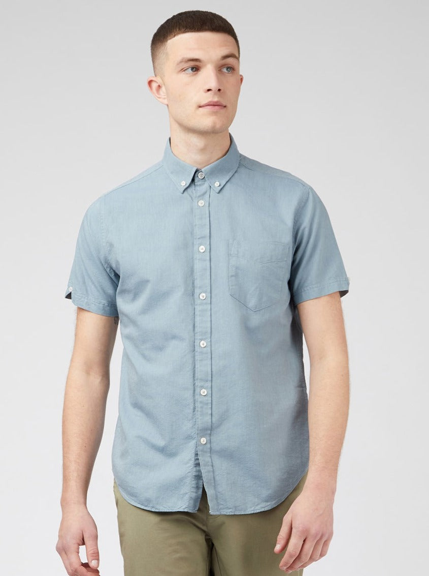 Ben Sherman Signature Organic Short-Sleeve Oxford Shadow Ingek Kék Szürke | 013-WKAMJT